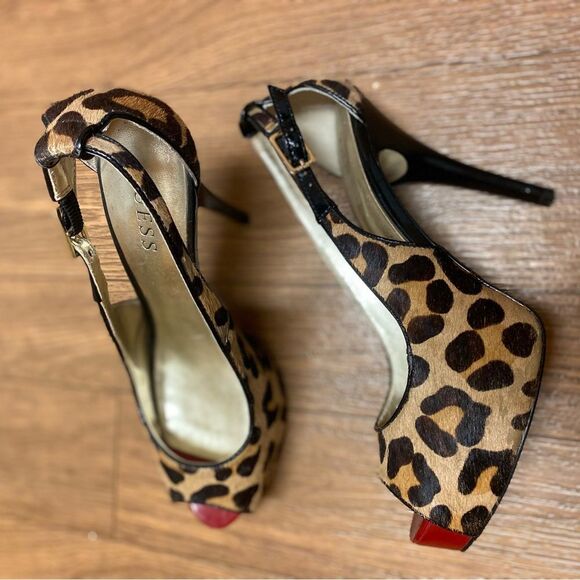 Y2K GUESS Pony Hair Leopard Print Red Patent Leather Peep Toe Heels Size 8 - Picture 6 of 11